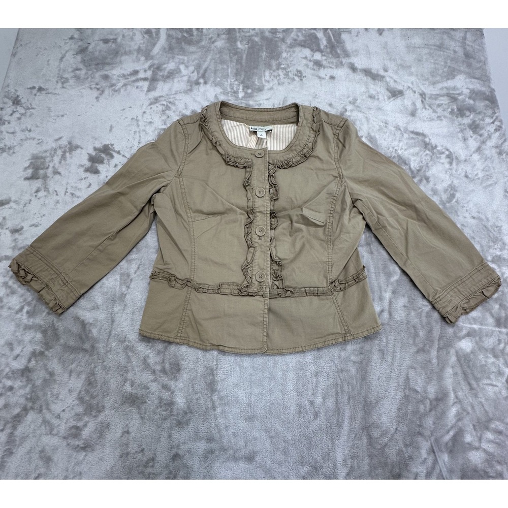 Ann Taylor Loft Jacket Womens Size 4 Khaki Tan Cotton Button Up Ruffled EUC